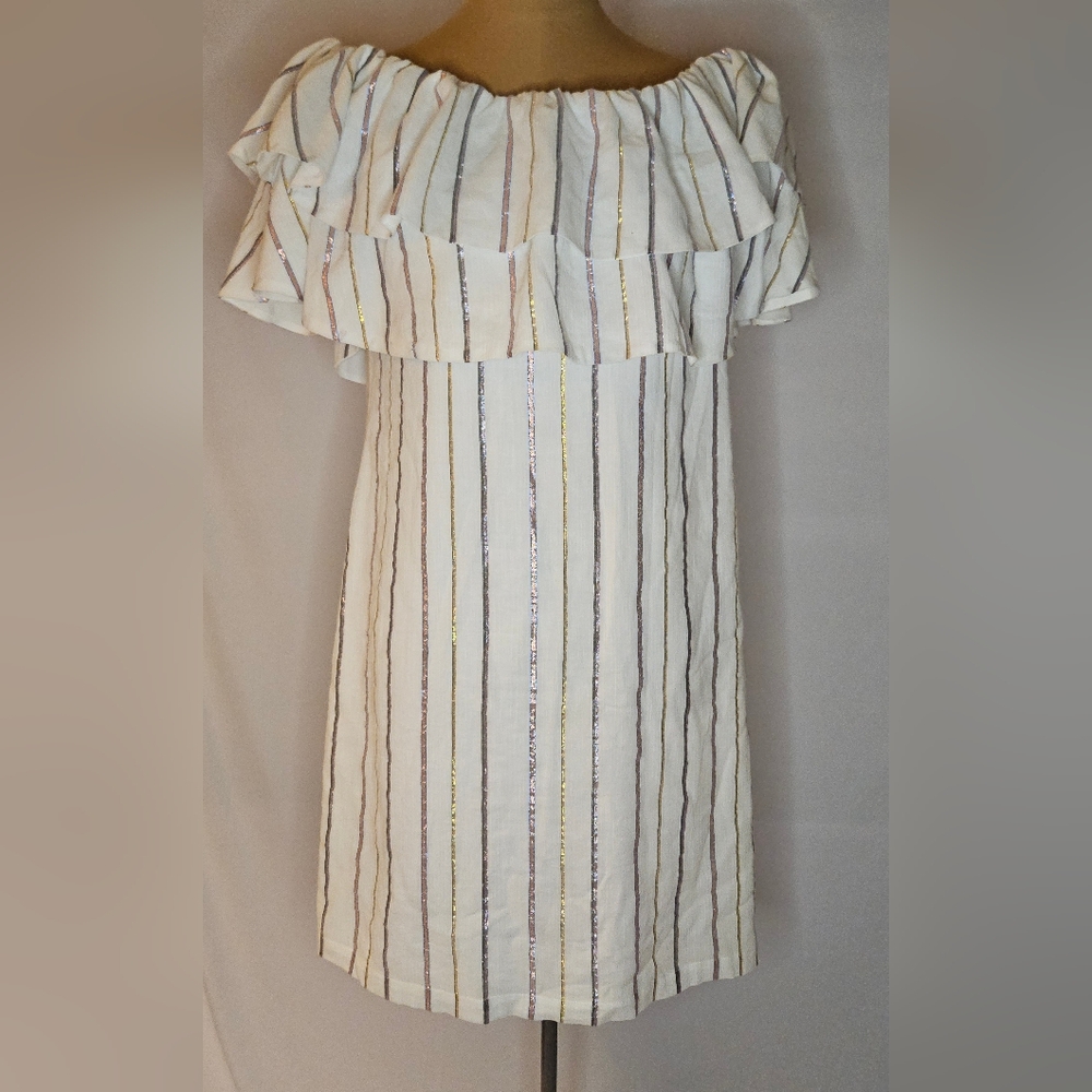 Charles Henry Metallic Stripe Off-the-Shoulder Popover Mini Dress - L